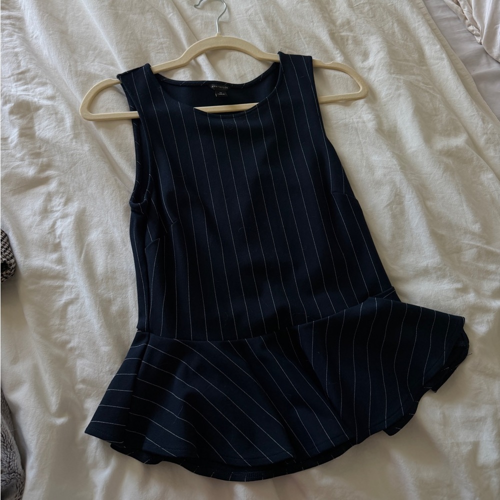 Ann Taylor Navy Pinstripe Sleeveless Peplum Top